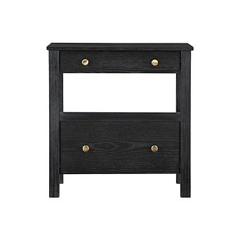 Black Nightstand, 2 Drawers, Modern Design, Sturdy Poplar, Veneer Construction
