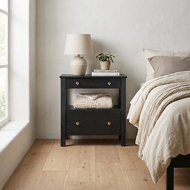 Black Nightstand, 2 Drawers, Modern Design, Sturdy Poplar, Veneer Construction