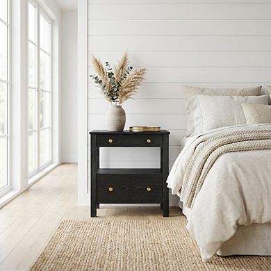 Black Nightstand, 2 Drawers, Modern Design, Sturdy Poplar, Veneer Construction