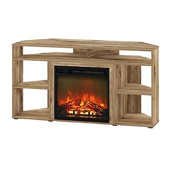 FurniFact Corner TV Stand with Fireplace for 55-Inch Screens in Rustic Wood Finish