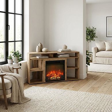 FurniFact Corner TV Stand with Fireplace for 55-Inch Screens in Rustic Wood Finish