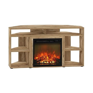 FurniFact Corner TV Stand with Fireplace for 55-Inch Screens in Rustic Wood Finish