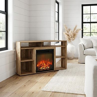 FurniFact Corner TV Stand with Fireplace for 55-Inch Screens in Rustic Wood Finish