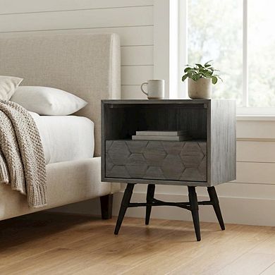 Grey Acacia Wood Nightstand with Single Drawer and Sturdy Legs