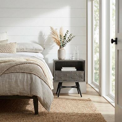 Grey Acacia Wood Nightstand with Single Drawer and Sturdy Legs