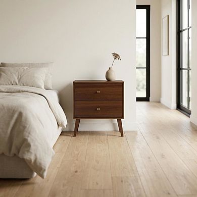 Mid Century Modern Cherry Nightstand with Two Drawers and Laminated Finish