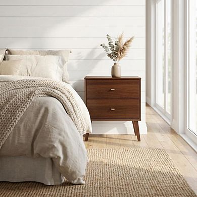 Mid Century Modern Cherry Nightstand with Two Drawers and Laminated Finish