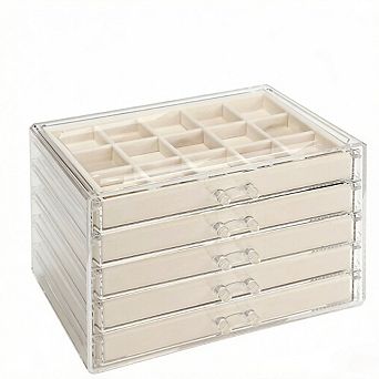 ZUQIETA Acrylic 5-Drawer Clear Jewelry Box, Warm White Organizer for Women