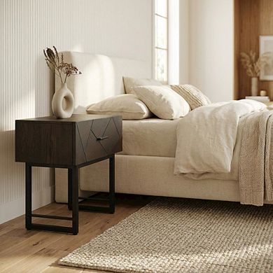 Smoke Oak Nightstand with Single Drawer and Black Metal Legs