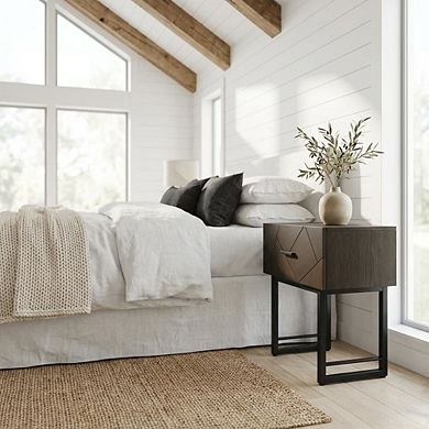 Smoke Oak Nightstand with Single Drawer and Black Metal Legs