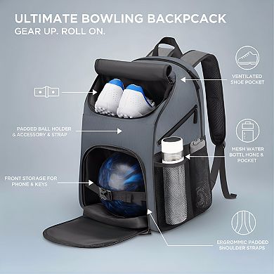 Single Ball Bowling Backpack with Shoe Compartment, Fits Size 16, Grey