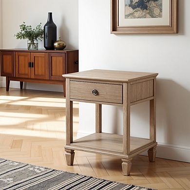 Rustic Brown Nightstand with Rubber Wood Frame and Metal Accents for Bedroom