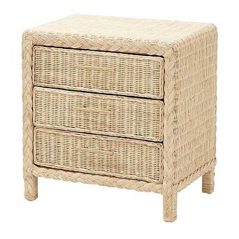 Japandi Sun Bleached Rattan Nightstand with 3 Drawers and Natural Finish