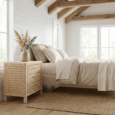 Japandi Sun Bleached Rattan Nightstand with 3 Drawers and Natural Finish