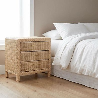 Japandi Sun Bleached Rattan Nightstand with 3 Drawers and Natural Finish