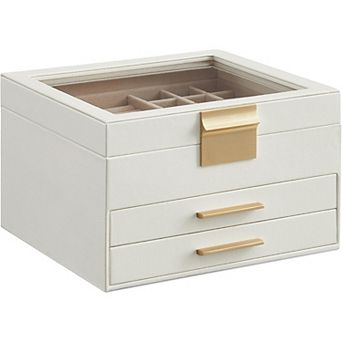 ZUQIETA 3-Layer Jewelry Organizer with 2 Drawers & Glass Lid, Cloud White & Gold