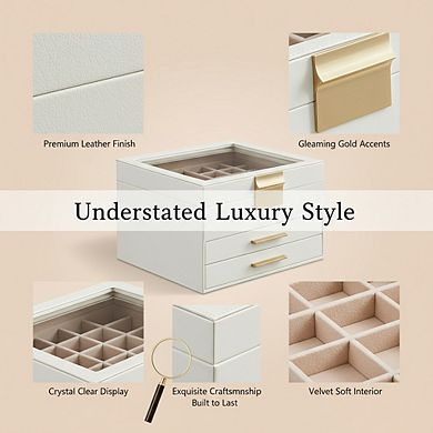 ZUQIETA 3-Layer Jewelry Organizer with 2 Drawers & Glass Lid, Cloud White & Gold