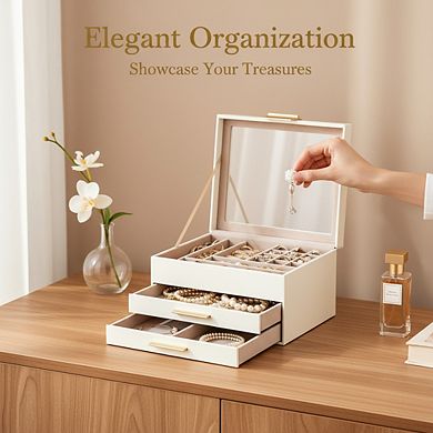 ZUQIETA 3-Layer Jewelry Organizer with 2 Drawers & Glass Lid, Cloud White & Gold
