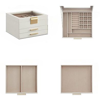 ZUQIETA 3-Layer Jewelry Organizer with 2 Drawers & Glass Lid, Cloud White & Gold