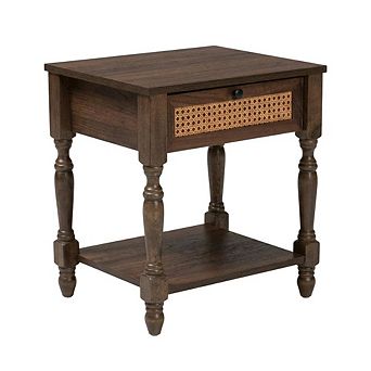 Nightstand with Rattan Accents and Wooden Legs