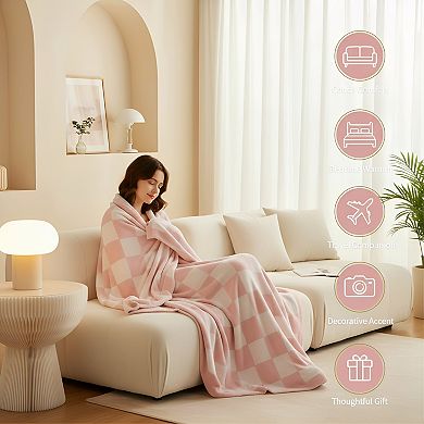 Cozy Knit Throw Blanket Checkered Design for Sofa Decor