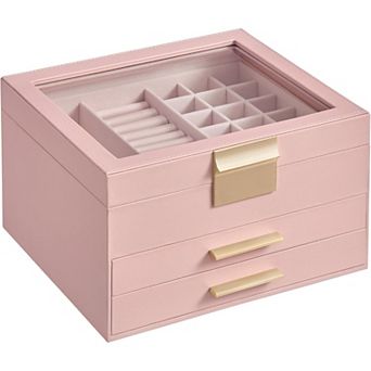 ZUQIETA 3-Layer Jewelry Organizer with 2 Drawers & Glass Lid, Jelly Pink & Gold