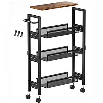 Slim Rolling Cart with Wood Top 4 tier for Narrow Space Storage