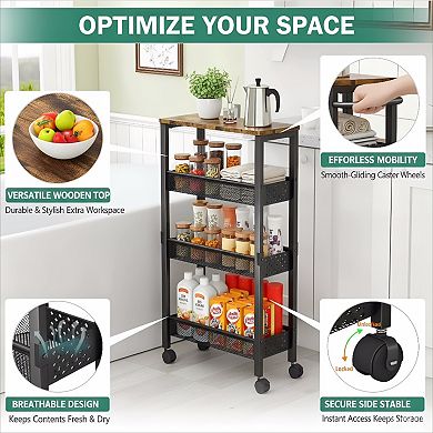 Slim Rolling Cart with Wood Top 4 Tier for Narrow Space Storage