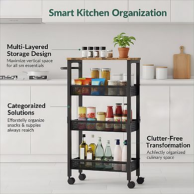 Slim Rolling Cart with Wood Top 4 Tier for Narrow Space Storage