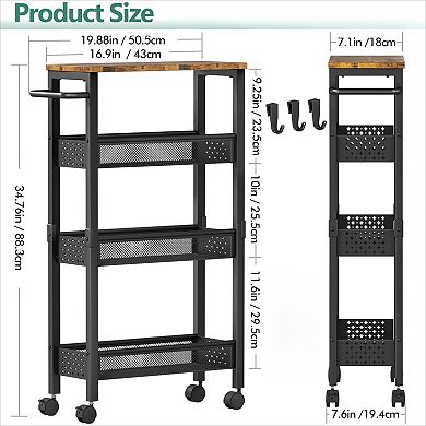Slim Rolling Cart with Wood Top 4 Tier for Narrow Space Storage