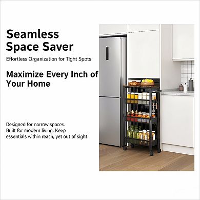 Slim Rolling Cart with Wood Top 4 Tier for Narrow Space Storage