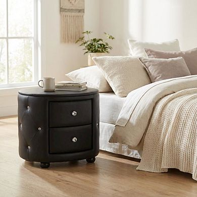 Glamour Style Faux Leather Nightstand with 2 Drawers and Oval Design