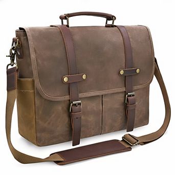 ZUQIETA 15.6" Vintage Genuine Leather & Waxed Canvas Messenger Bag Waterproof Laptop Briefcase