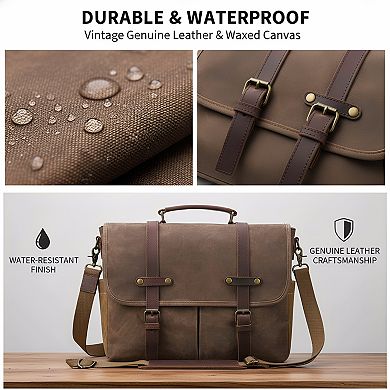ZUQIETA 15.6" Vintage Genuine Leather & Waxed Canvas Messenger Bag Waterproof Laptop Briefcase