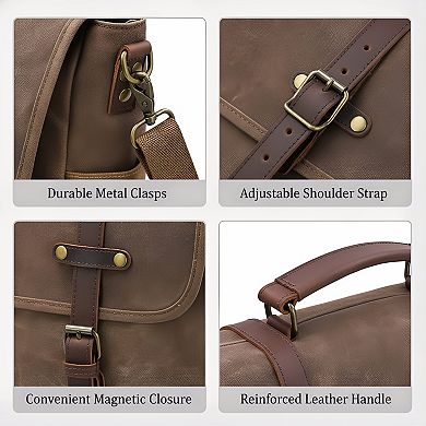 ZUQIETA 15.6" Vintage Genuine Leather & Waxed Canvas Messenger Bag Waterproof Laptop Briefcase