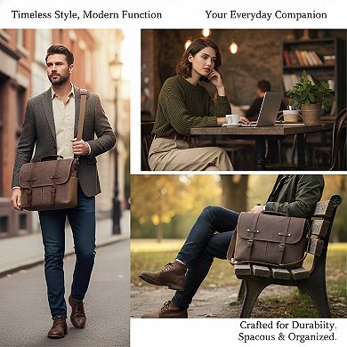 ZUQIETA 15.6" Vintage Genuine Leather & Waxed Canvas Messenger Bag Waterproof Laptop Briefcase