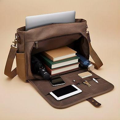 ZUQIETA 15.6" Vintage Genuine Leather & Waxed Canvas Messenger Bag Waterproof Laptop Briefcase