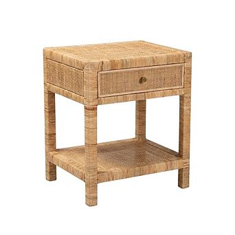 Bohemian Rattan and Mahogany Nightstand with Single Drawer and Stylish Design