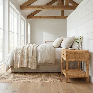 Bohemian Rattan and Mahogany Nightstand with Single Drawer and Stylish Design