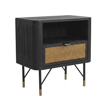 Black Acacia Nightstand with Rattan Accent and Sturdy Legs