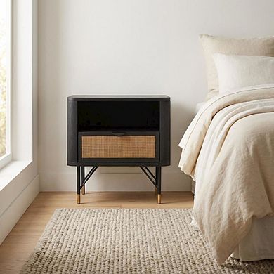 Black Acacia Nightstand with Rattan Accent and Sturdy Legs