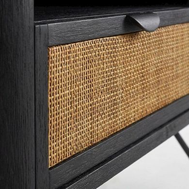 Black Acacia Nightstand with Rattan Accent and Sturdy Legs