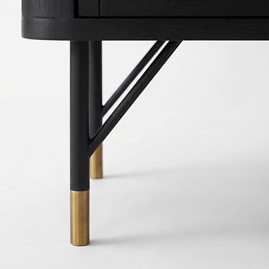 Black Acacia Nightstand with Rattan Accent and Sturdy Legs