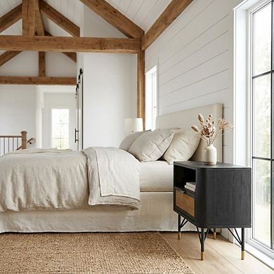 Black Acacia Nightstand with Rattan Accent and Sturdy Legs