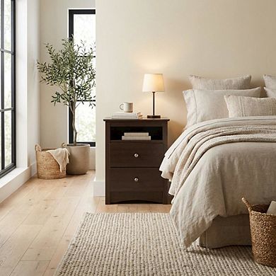 Tall Nightstand with 2 Drawers and Open Shelf for Bedroom Storage