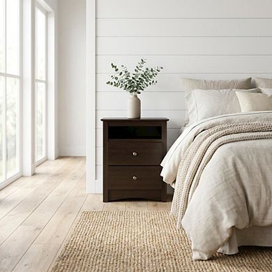 Tall Nightstand with 2 Drawers and Open Shelf for Bedroom Storage