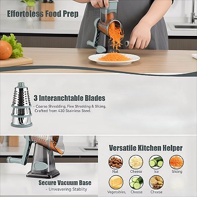 Rotary Cheese Grater Hand Crank with 3 Stainless Steel Blades
