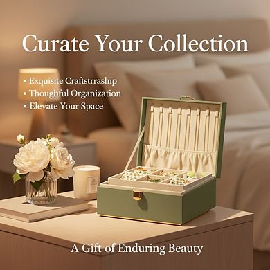 ZUQIETA 2-Layer Jewelry Box with Handle & Removable Tray, Sage Green Organizer