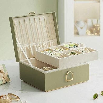 ZUQIETA 2-Layer Jewelry Box with Handle & Removable Tray, Sage Green Organizer