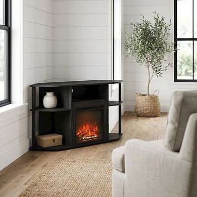 FurniFact Electric Fireplace Corner TV Stand with Solid Wood Frame